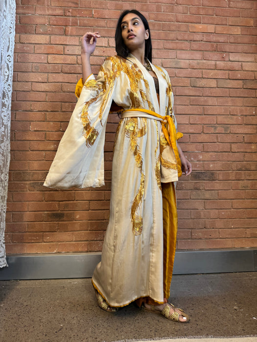 Viking, 40s cream silk and gold Phoenix embroidered kimono