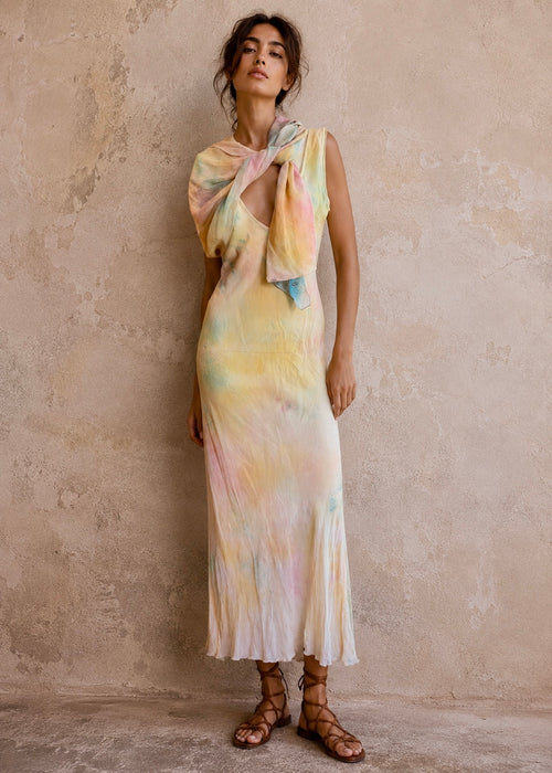 Aline, hand dyed 30s silk bias cut dress with attached belt/cape