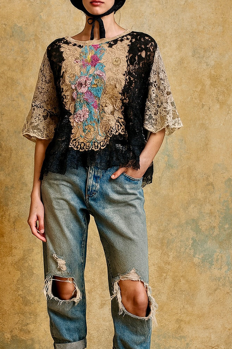 Calli, reworked 20s black lace and silver lamé top with 20s floral beading