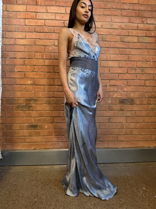 Azure, 20s bias cut hand dyed dress with lace detail