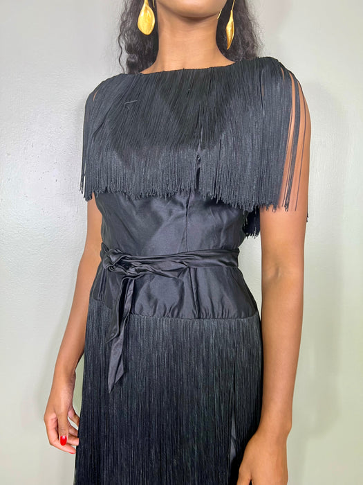 Talia, 40s black fringed silk dress