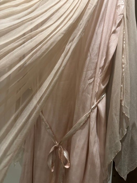 Adan, 30s blush pink silk chiffon angel sleeve pleated dress with florals and a ribbon tie