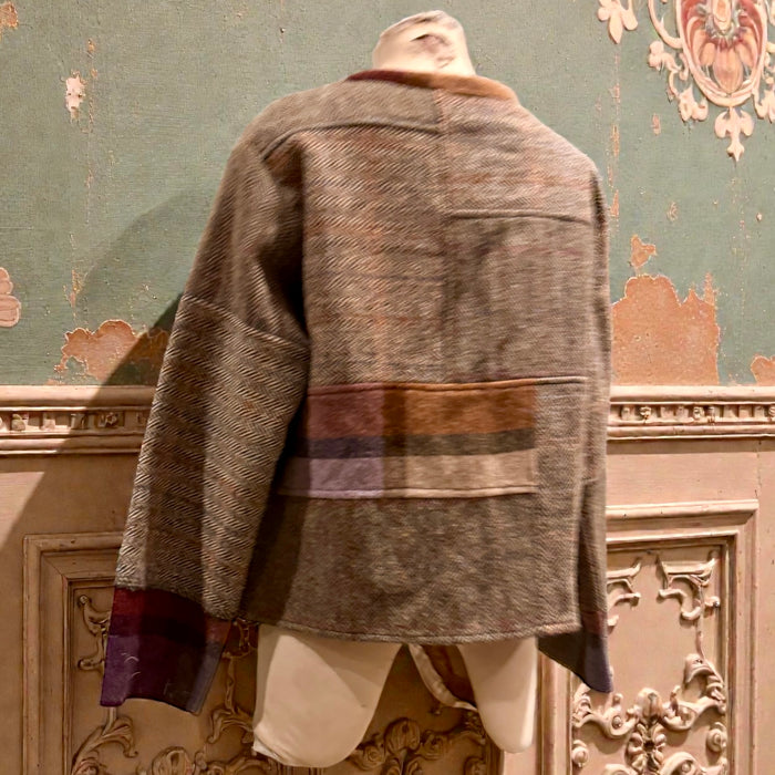 Chiara, reworked vintage Irish wool patchwork jacket