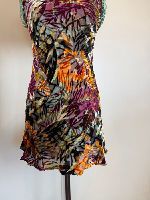 Radcliffe, reworked 20s silk devoré floral fringed dress