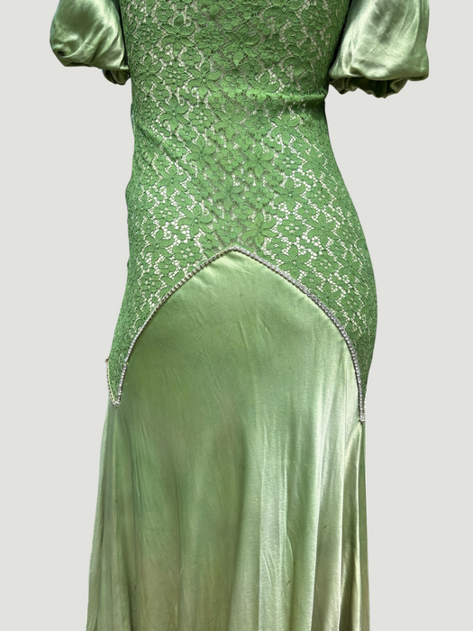 Astrid, 1930s silk and lace green hand dyed bias cut dress with rhinestone details