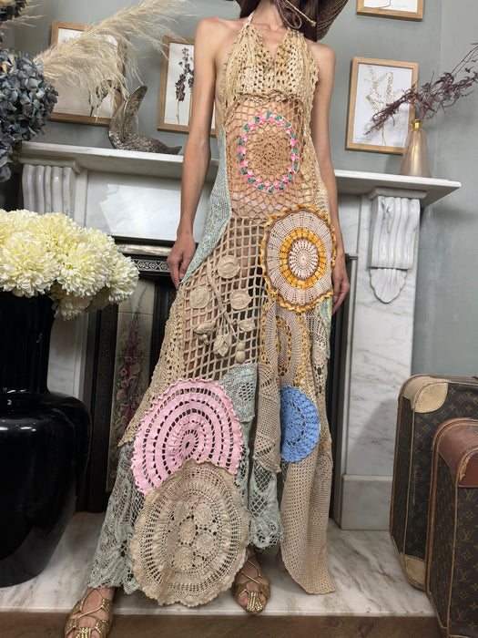 Omnia, vintage floral crochet long dress