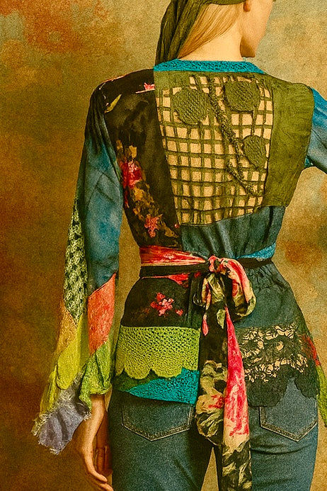 Thalia, reworked patchwork vintage blouse with angel sleeves