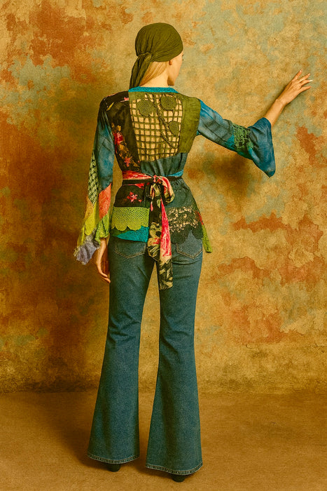 Thalia, reworked patchwork vintage blouse with angel sleeves