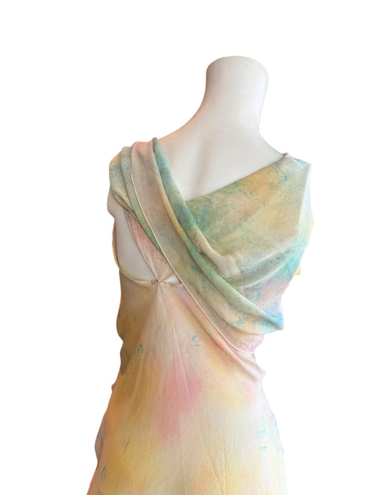 Aline, hand dyed 30s silk bias cut dress with attached belt/cape