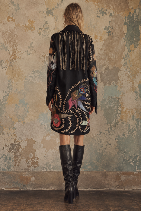 Arca, reworked Art Deco silk embroidered coat with fringing