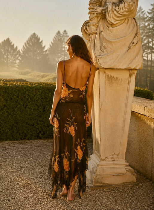 Ostuni, 90s silk chiffon floral bias cut asymmetric dress