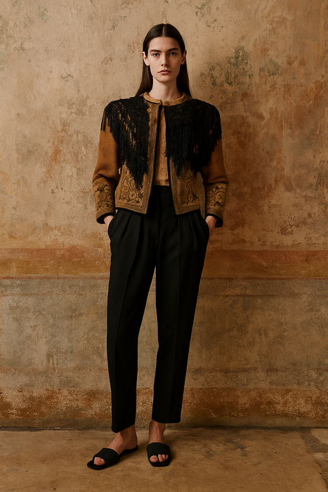 Christine, reworked French tapestry jacket with Edwardian lace tassel