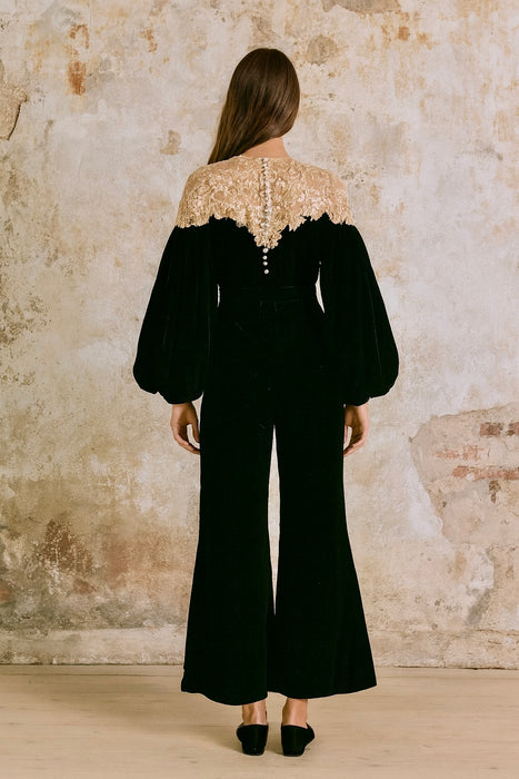 Treena, reworked 30s velvet and lace jumpsuit