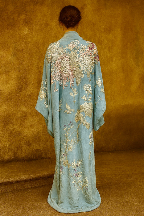 Flynn, 40s pale blue embroidered kimono