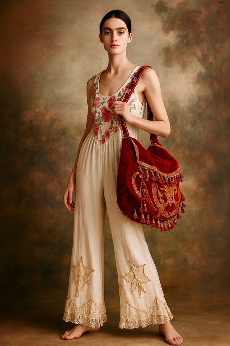 Sally, reworked 20s Pongee floral jumpsuit with lace silk