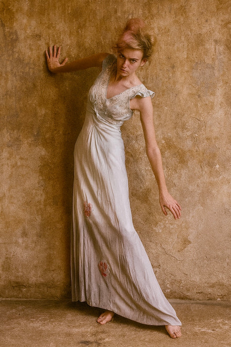 Thea, reworked 30s hand dyed embroidered and lace dress