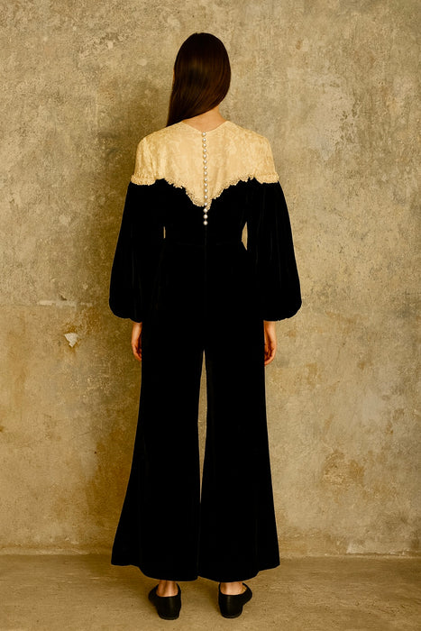 Treena, reworked 30s velvet and lace jumpsuit