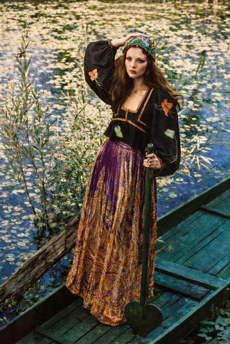 Bill Gibb, 70s jacket embroidered jacket and reversible metallic skirt