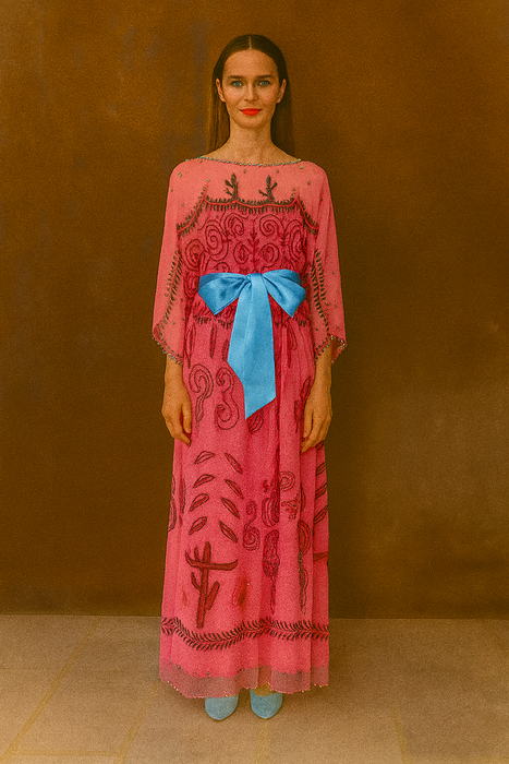 Zandra Rhodes, S/S 1976 Cactus and Cowboy collection chiffon print dress with sash