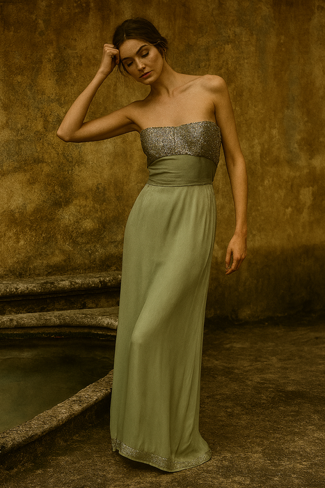 Emma, 1970s, silver beaded hand dyed chiffon dress and matching beaded robe and tie