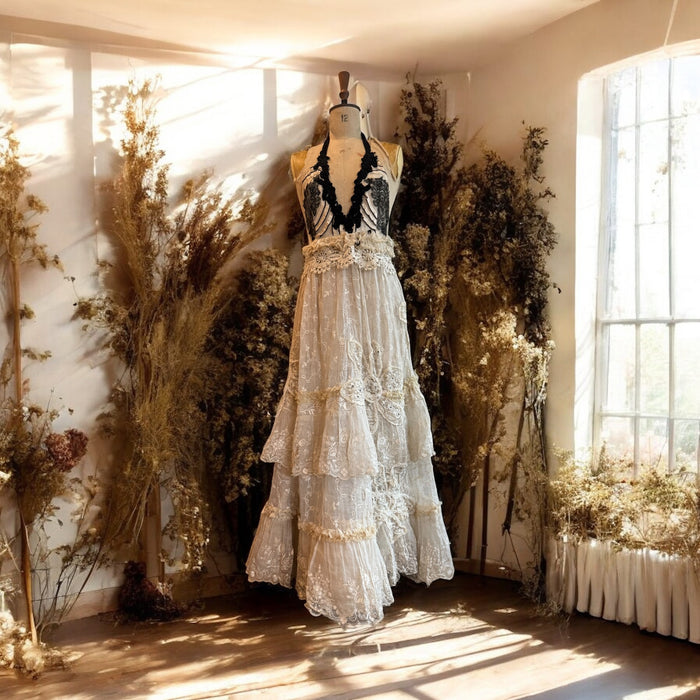 Saturne, reworked Victorian and 1920s organza ruffle halterneck dress