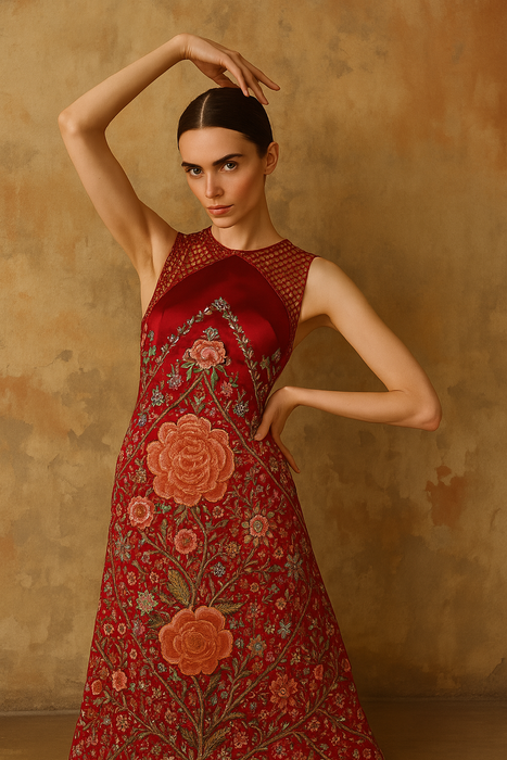 Blythe, reworked 40s embroidered silk piano shawl dress