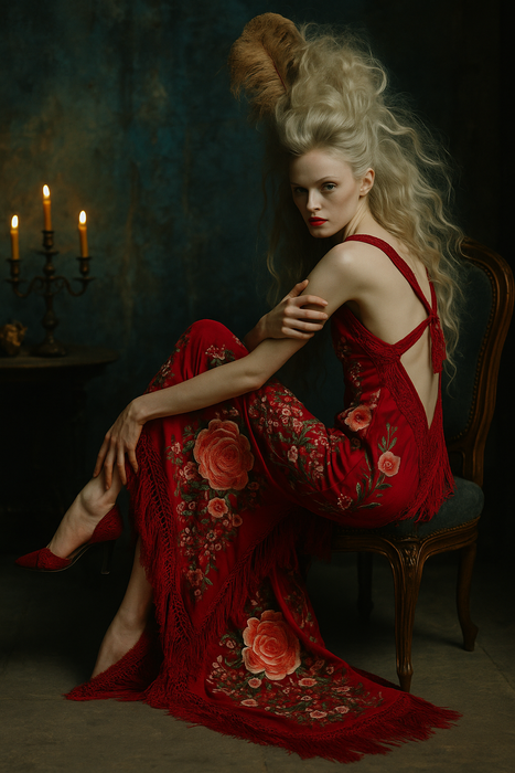 Blythe, reworked 40s embroidered silk piano shawl dress