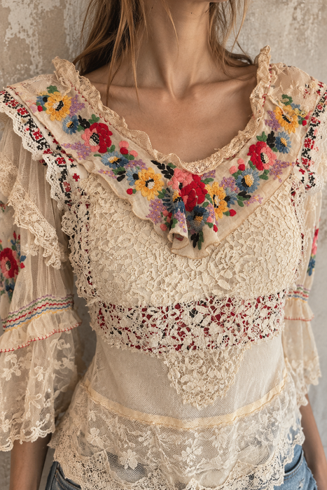Paulina, reworked antique lace blouse with Romanian silk embroidered sleeves and collar