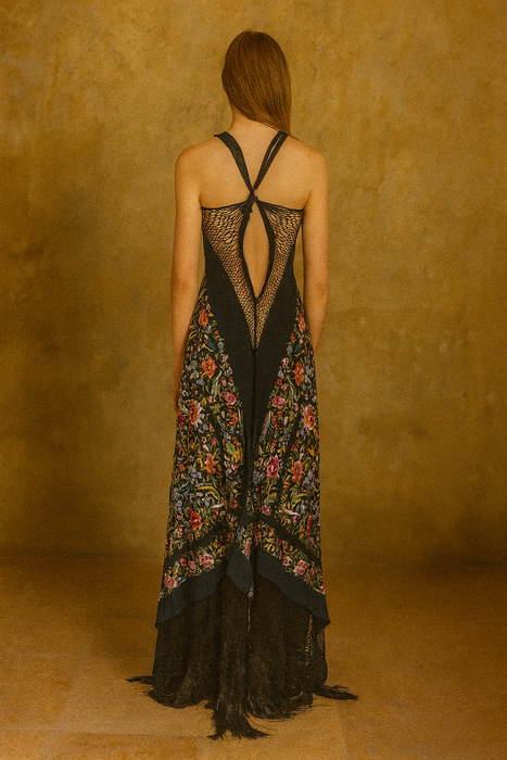 Avens, 40s reworked floral embroidered fringed scarf dress