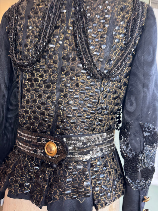Kooki, 80s fitted silk brocade jacket with 20s jet beading