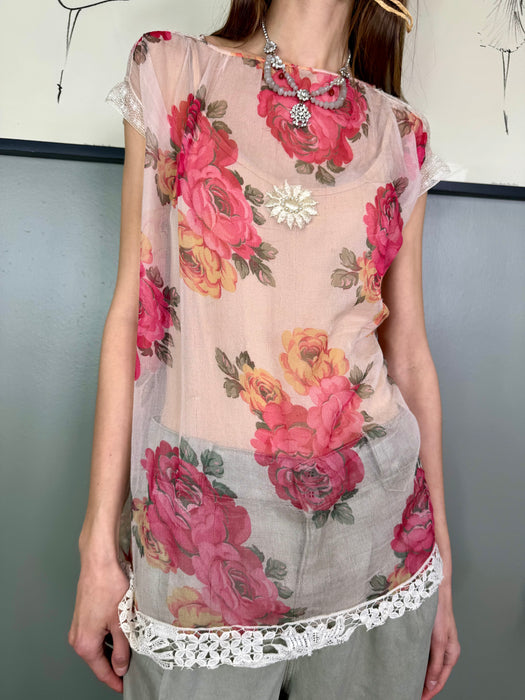 Desiré, 20s floral print and lace chiffon top