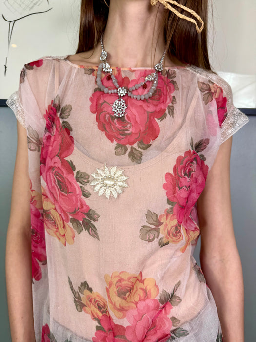 Desiré, 20s floral print and lace chiffon top