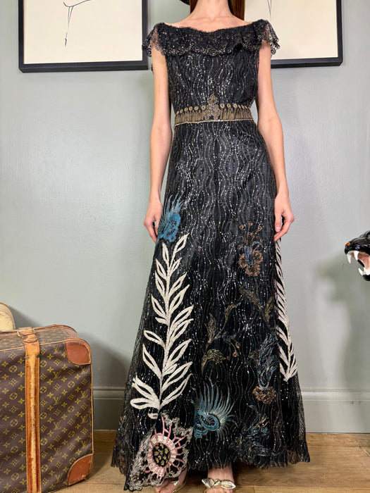Sabine, 30s micro sequins gown with Edwardian embroidery