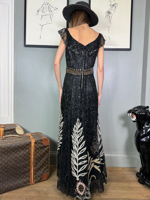 Sabine, 30s micro sequins gown with Edwardian embroidery
