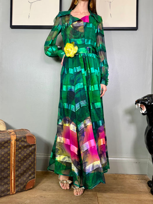 Tabitha, 70s emerald green silk hand painted dress