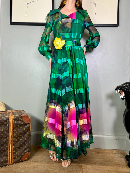 Tabitha, 70s emerald green silk hand painted dress