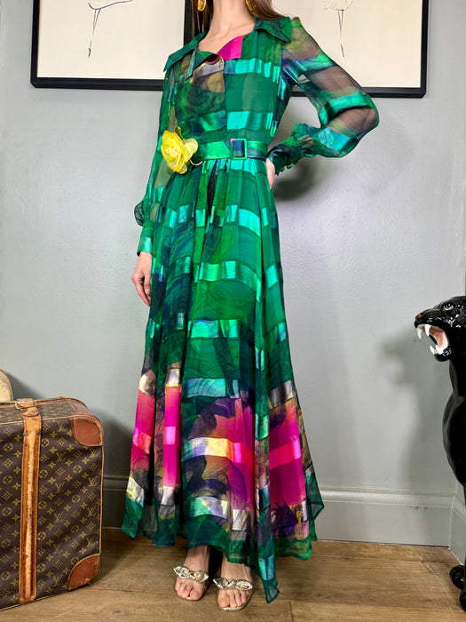 Tabitha, 70s emerald green silk hand painted dress