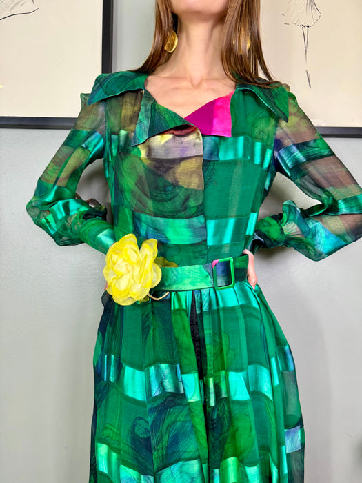 Tabitha, 70s emerald green silk hand painted dress