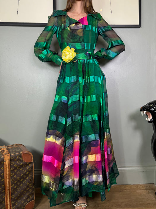 Tabitha, 70s emerald green silk hand painted dress