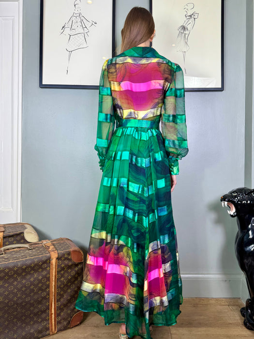 Tabitha, 70s emerald green silk hand painted dress