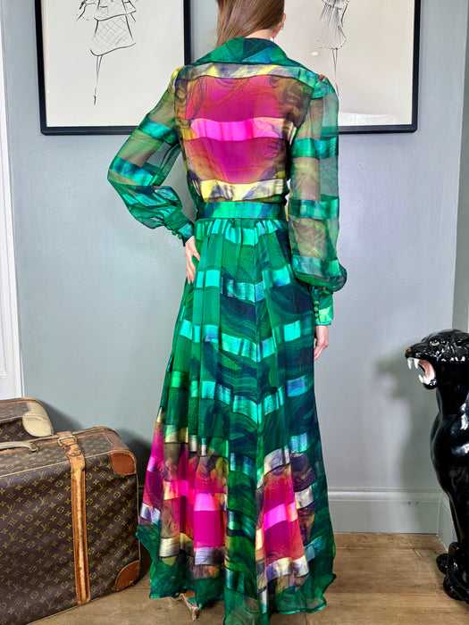 Tabitha, 70s emerald green silk hand painted dress