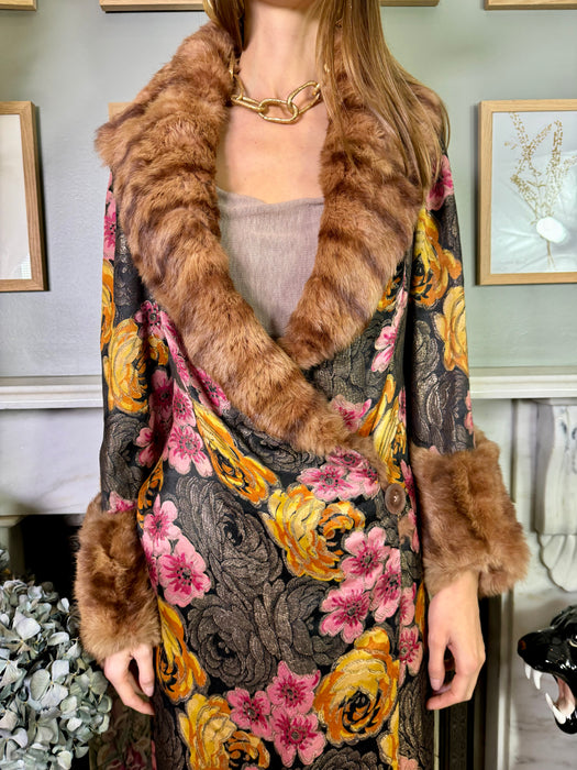 Malena, 20s floral lamé coat with fur trim