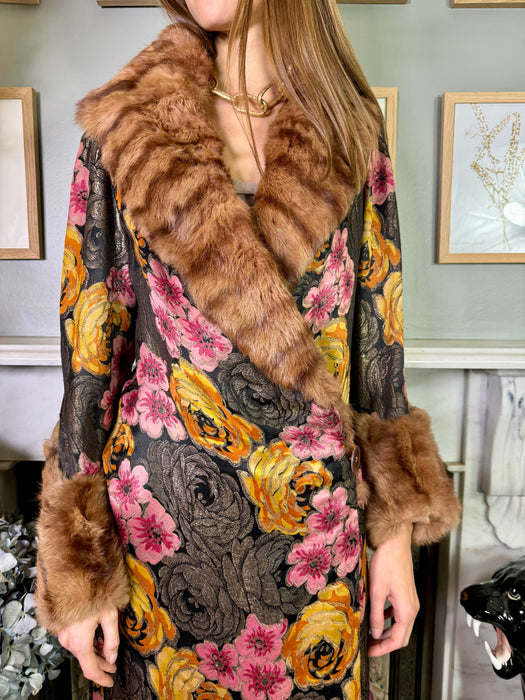 Malena, 20s floral lamé coat with fur trim