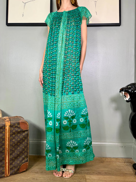 Tonia,70s green block print silk dress
