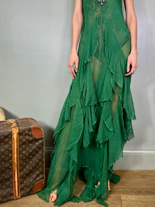 Ida, green silk chiffon frill dress