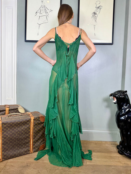 Ida, green silk chiffon frill dress