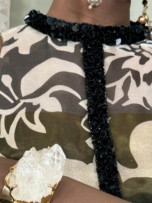 Frank Usher, 70s floral beaded gown