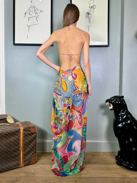 Talia, 70s rhinestone chiffon print draped dress