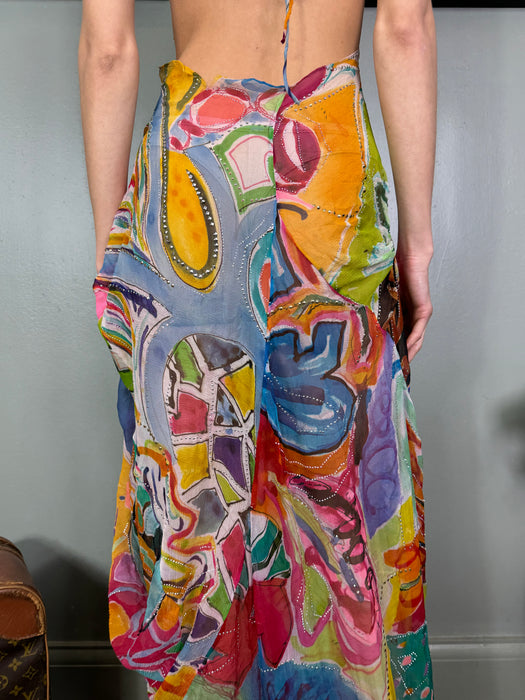 Talia, 70s rhinestone chiffon print draped dress