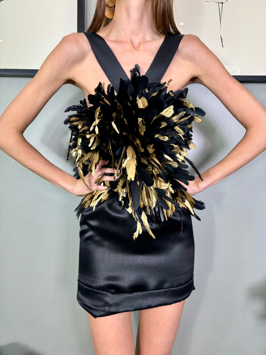 Julien Macdonald, couture label black silk and feather dress